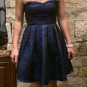 After-five strapless blue & black dress